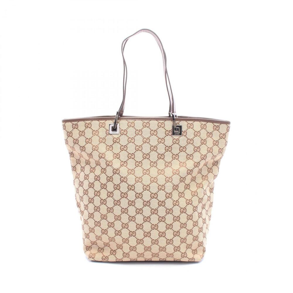 Gucci GG Canvas Tote Bag Handbag, and Leather, Women's, Beige/Brown, 31243